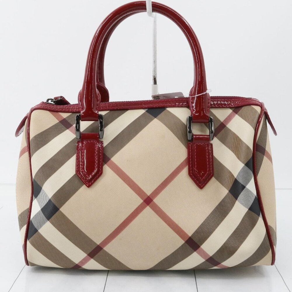 Burberry Haymarket Check Handbag – Red Patent Trim